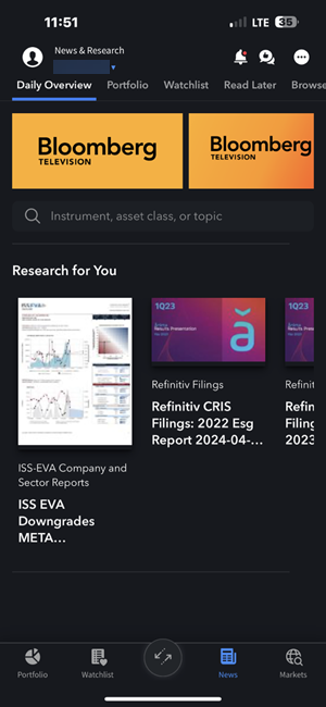 The Portfolio news and media page on the iPhone. 